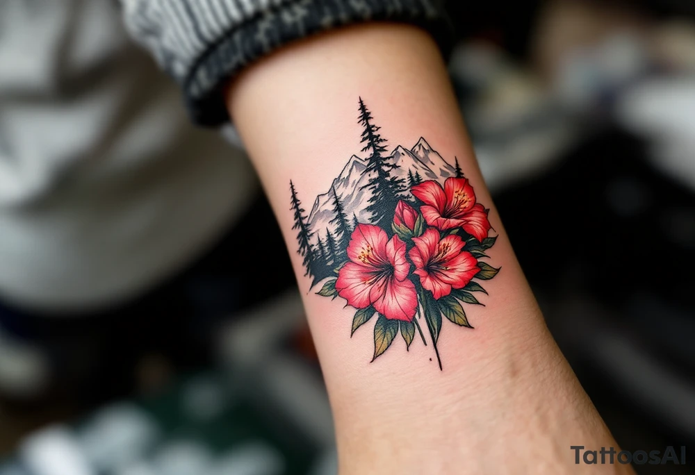 vertical wrist size red  and black rhododendron trippy with Himalayas behind tattoo idea