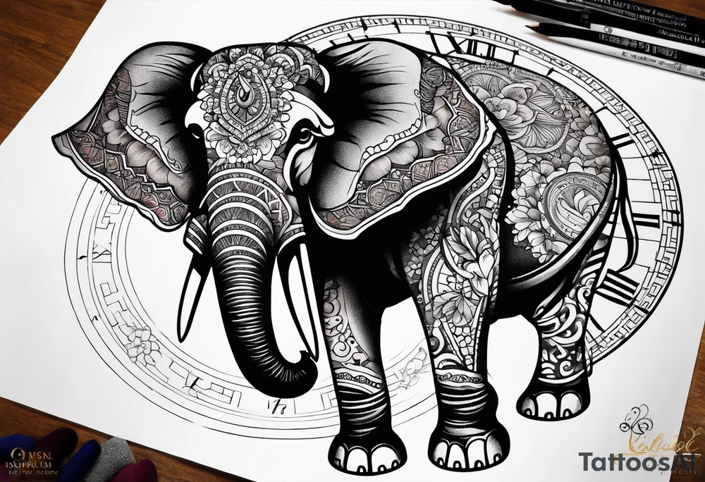 elephant, mandala, clock tattoo idea