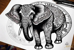 elephant, mandala, clock tattoo idea