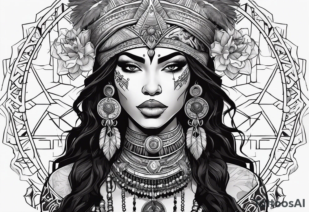 valkrye, kali, pirate, african goddess, , warrior, native american, lotus, zenza resonance, skulls, pachamama, left side face, chest, right wing, tattoo idea