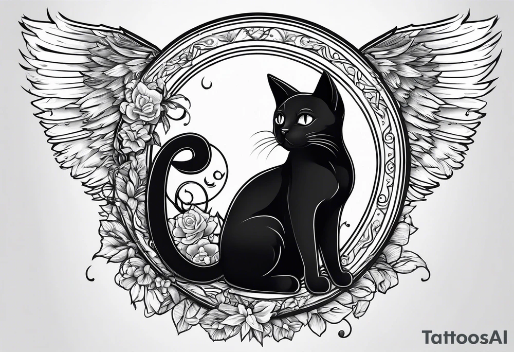 black cat with angel halo tattoo idea