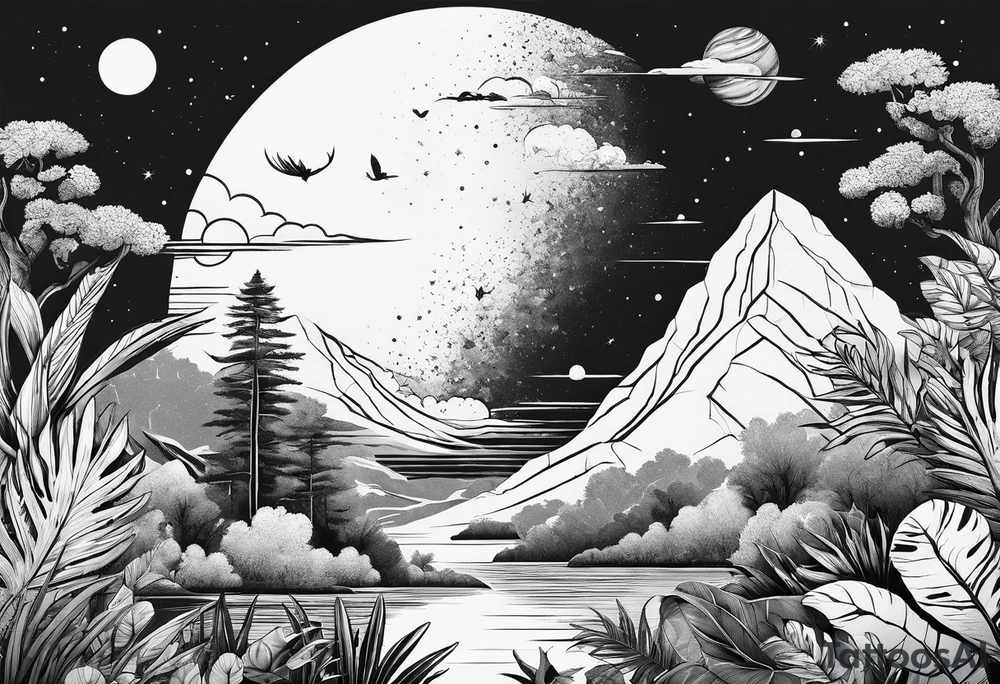 minimalistic jungle vs space with line tattoo idea