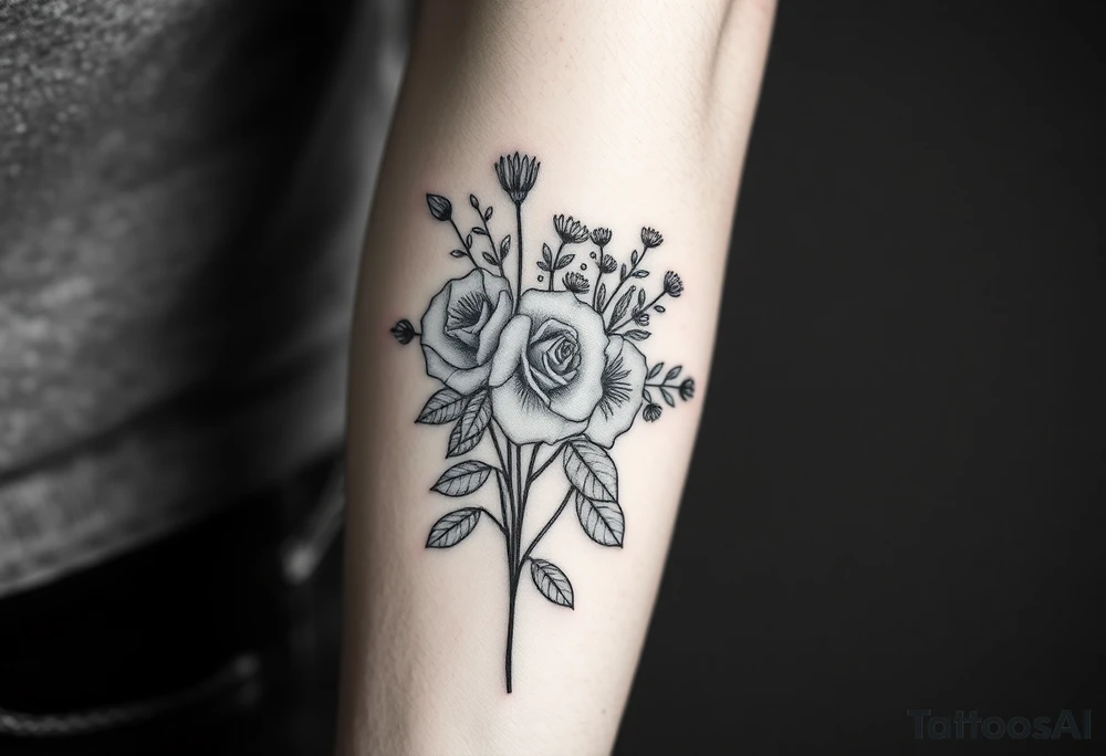 vintage bouquet of wild roses and meadow flowers with morning dew tattoo idea