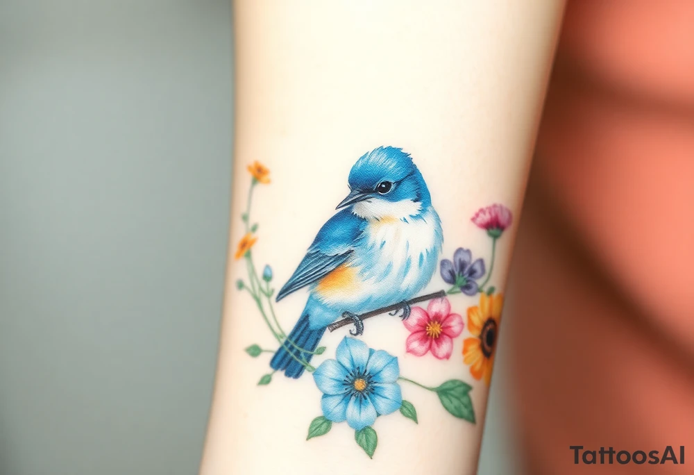 Puffy bluebird surrounded by wild flowers tattoo idea