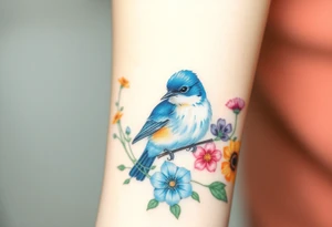 Puffy bluebird surrounded by wild flowers tattoo idea