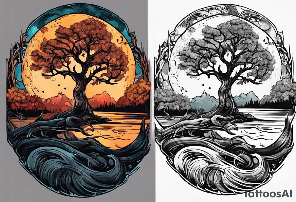design moon tree campfire guitar tattoo idea