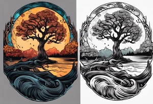 design moon tree campfire guitar tattoo idea