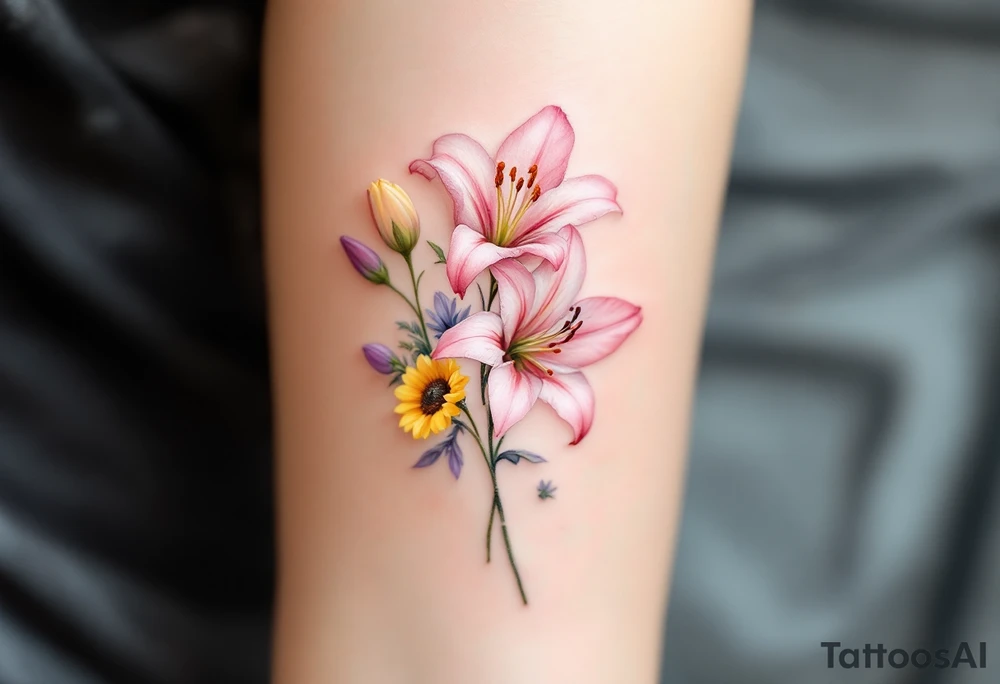 Small Stargazer lillies pale pink with no outline 
with small yellow sunflowers and pale purple tulip buds in a dainty wildflower bouquet with light green stems. Low detail. tattoo idea