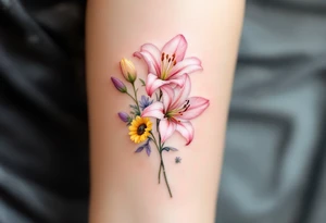 Small Stargazer lillies pale pink with no outline 
with small yellow sunflowers and pale purple tulip buds in a dainty wildflower bouquet with light green stems. Low detail. tattoo idea