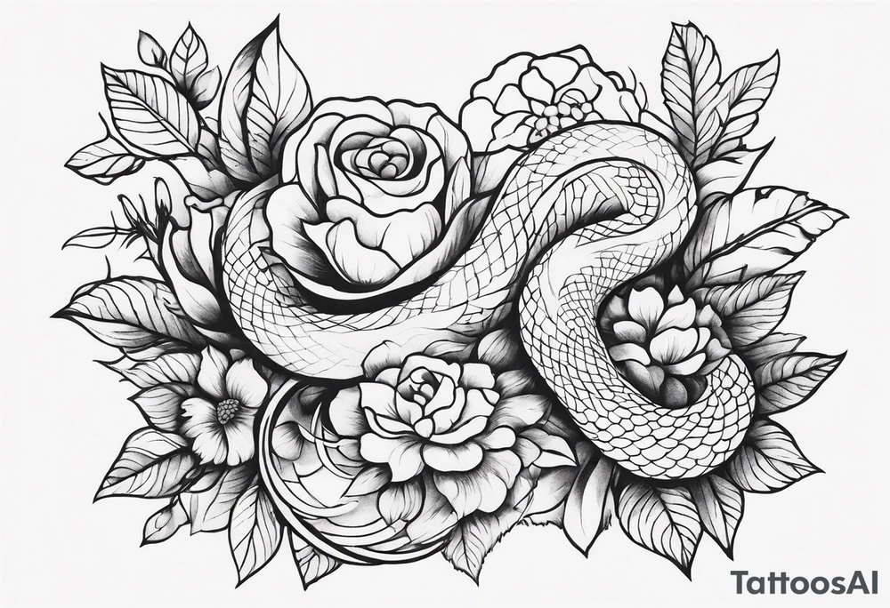 middle of the chest, naturalistic, floral maybe or snake minimalist complex tattoo maybe animals included around 15 cm wide tattoo idea