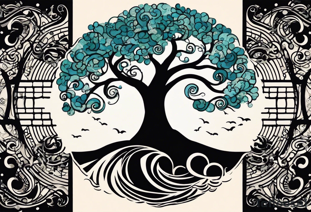 an abstract Tree of Life tattoo. It should have roots growing out of the bottom. The roots slowly turn into water from the Great Wave by Hokusai. A golf flag should be placed discreetly growing out of the ground. 2 license plate tags should be hanging from the tree. Place a few music notes in the areas the leaves should be. The letters A U should be engraving into the tree trunk in a heart. Black and white only. tattoo idea
