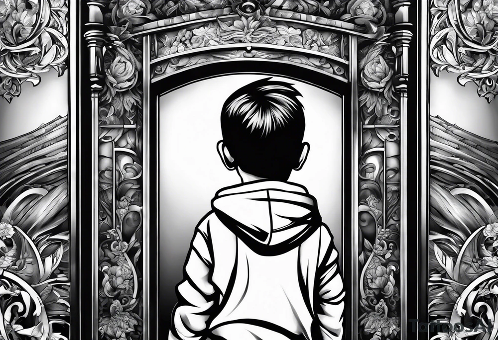 kid walking to the gates of freedom and money tattoo idea