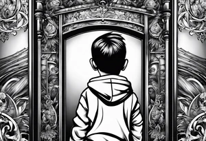 kid walking to the gates of freedom and money tattoo idea