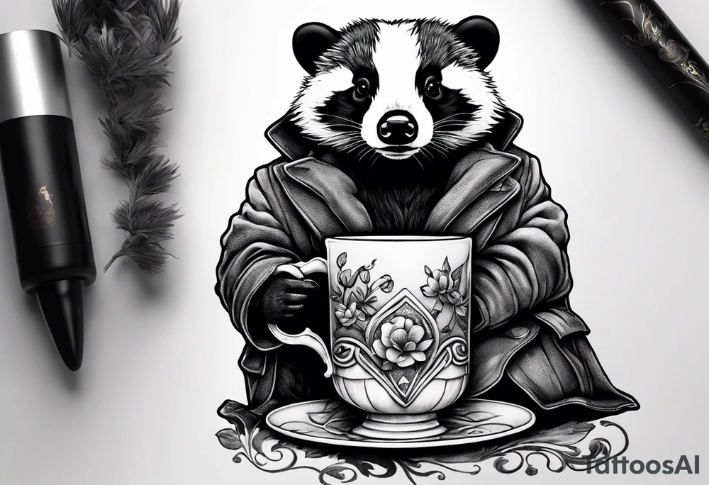 Badger in a coat with a teacup sitting on a mushroom tattoo idea