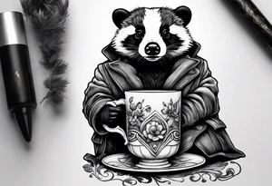 Badger in a coat with a teacup sitting on a mushroom tattoo idea
