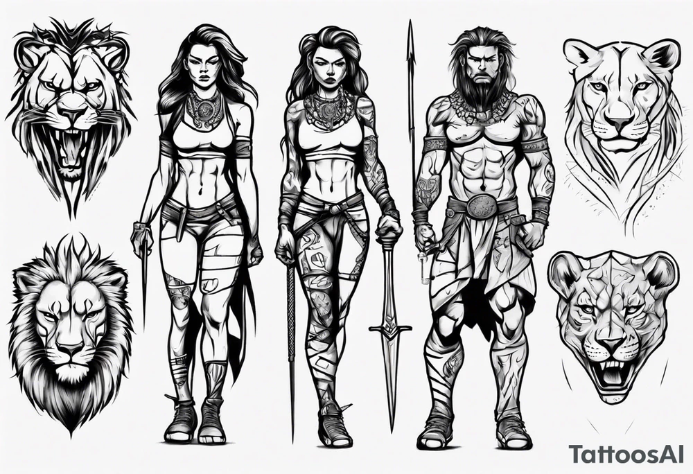 Lioness standing next to a warrior tattoo idea