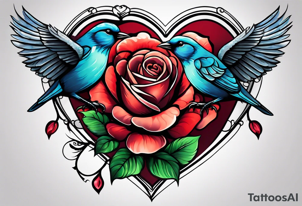 heart, rose, bird tattoo idea