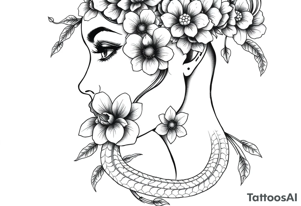 Powerful side profile woman’s face with flowers
And snakes tattoo idea