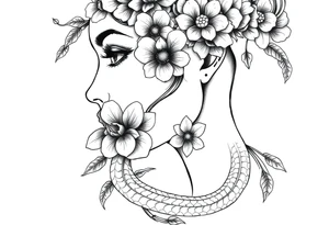 Powerful side profile woman’s face with flowers
And snakes tattoo idea