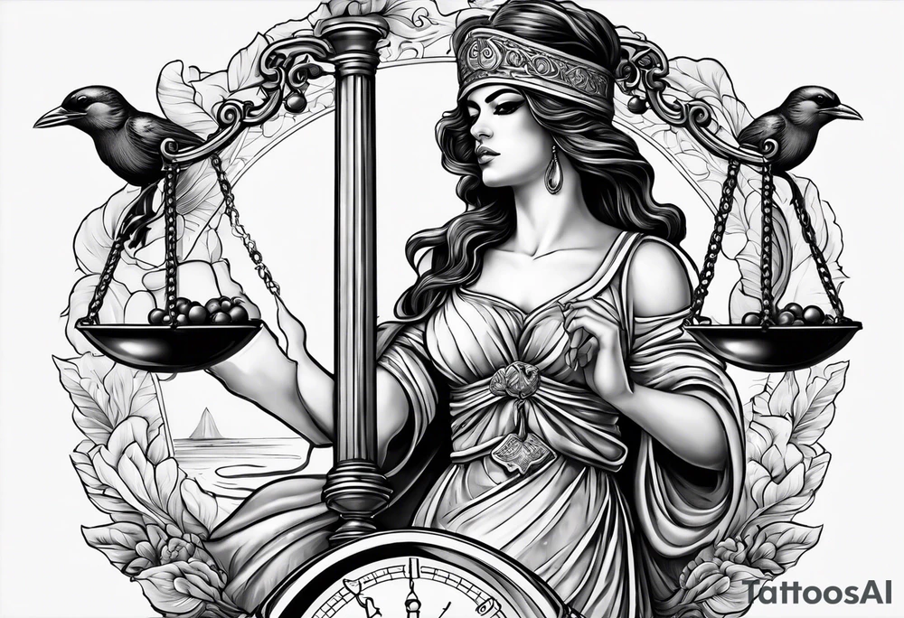 A blindfolded woman holding scales, themed around justice and equality, with money on one side of the scale and a bird on the other. tattoo idea