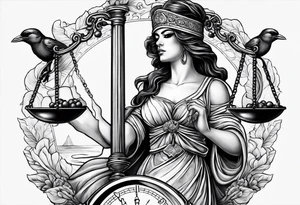 A blindfolded woman holding scales, themed around justice and equality, with money on one side of the scale and a bird on the other. tattoo idea