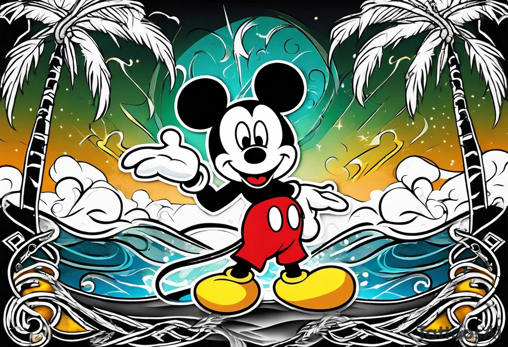 mickey mouse in a lightning storm with palm trees and the celtic symbol for family tattoo idea