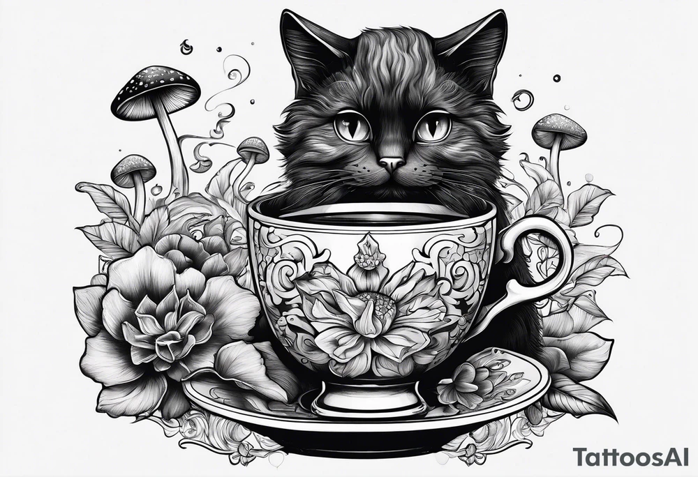 A mysterious cat taking a hot mushrooms cup of tea tattoo idea