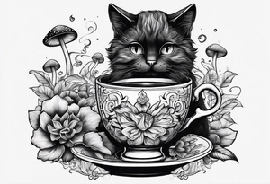 A mysterious cat taking a hot mushrooms cup of tea tattoo idea
