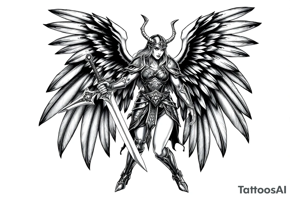 A fierce looking Valkyrie with very big dark wings. The whole body with legs should be visible. 
She's wielding a intricatelly decorated sword and a sturdy

She has heavy armor and a helmet with 
Wings tattoo idea