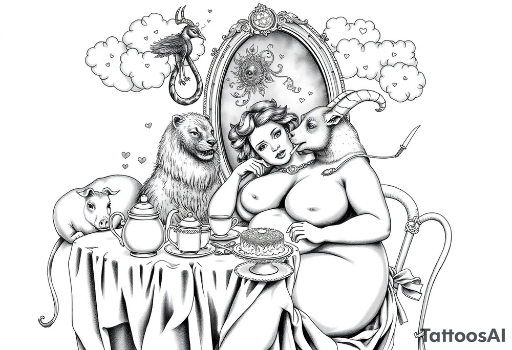 naked fat lady having a tea party with tea pots and 
with a pig, peacock, noose, lion, goat, smoking cigerettes looking in the mirror having sex with a man eating a cake thru storm clouds with knife and broken hearts and darkness and wrath tattoo idea