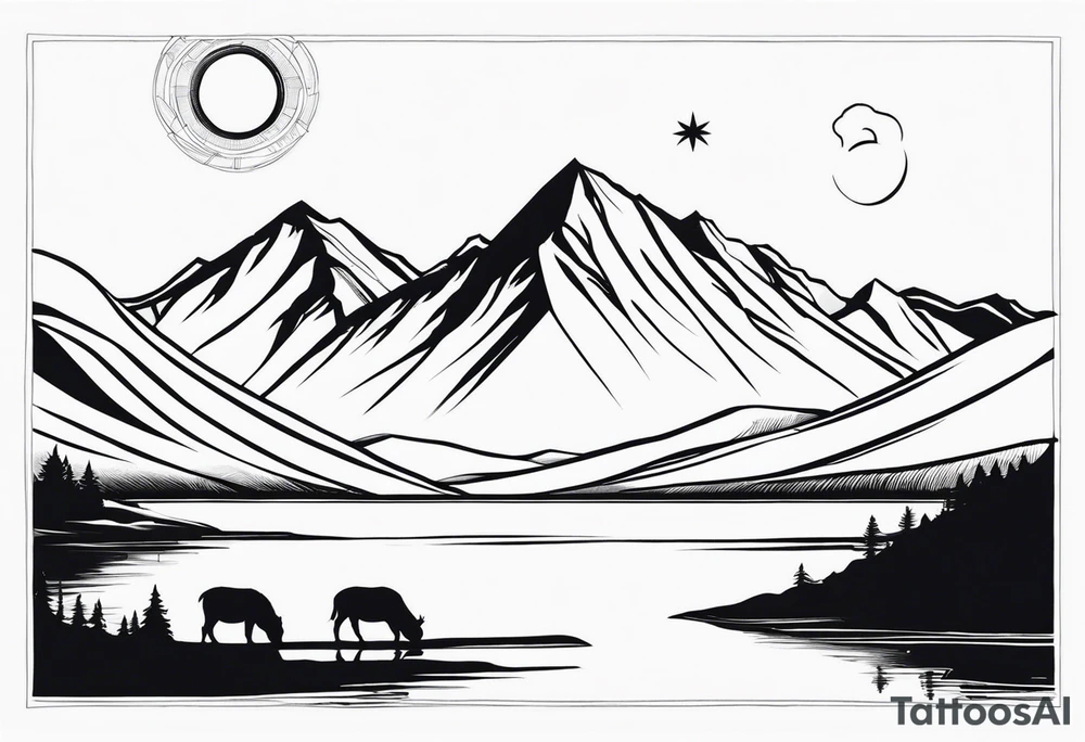 mountains, lake, yurt, sun, kyrgyzstan tattoo idea