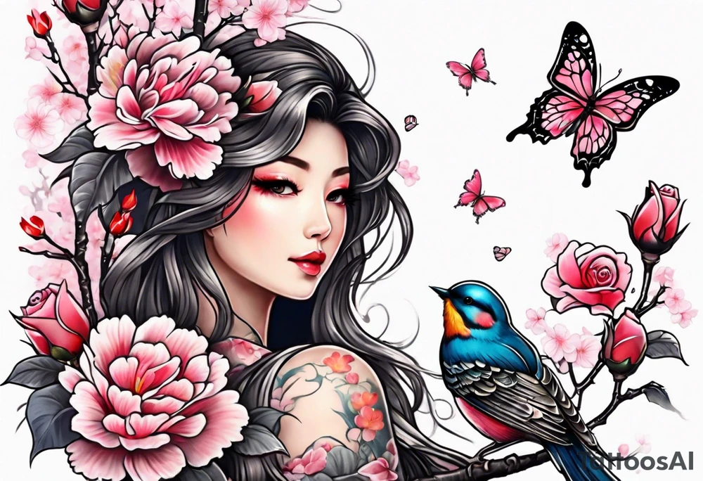 Japanese cherry blossom with birds, butterflies and rose on the forearm tattoo idea