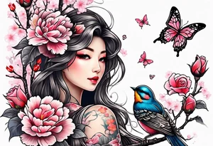 Japanese cherry blossom with birds, butterflies and rose on the forearm tattoo idea