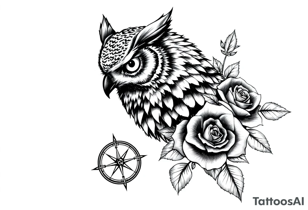 an owl,roses,compass. tattoo idea
