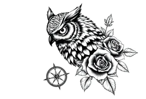 an owl,roses,compass. tattoo idea