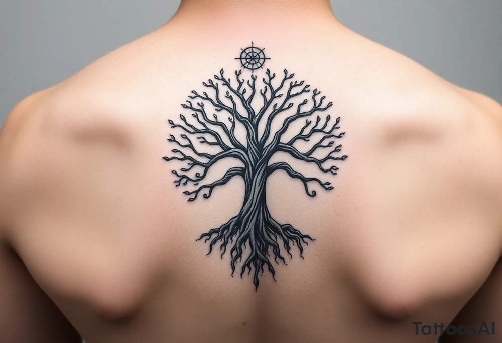mystical tree of life with cosmic roots and celestial branches tattoo idea