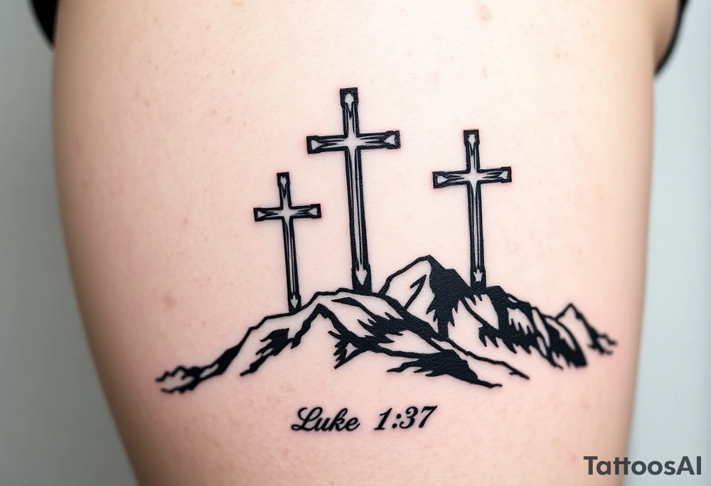 Three catholic crosses on Mountain. With verse Luke 1:37 below it. Put a lot of detail. tattoo idea