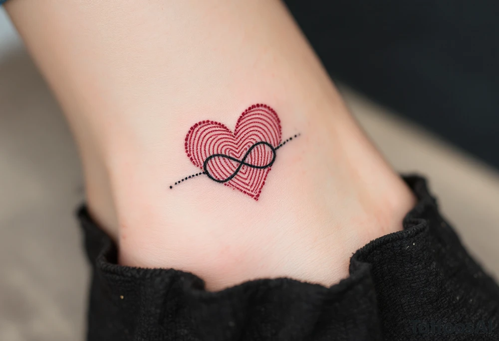 A fine-line black infinity band with a delicate heart in the shape of a fingerprint in maroon. tattoo idea