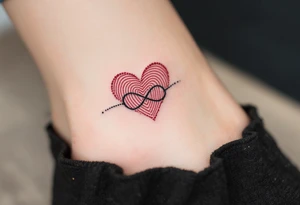 A fine-line black infinity band with a delicate heart in the shape of a fingerprint in maroon. tattoo idea
