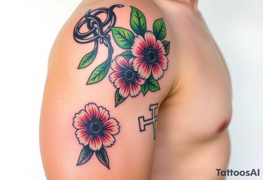 shoulder half sleeve tattoo with black and green celtic knots weaving throughout, bright colorful hibiscus flowers, sunflowers and a celtic cross with green 4 leaf clover tattoo idea