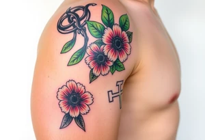 shoulder half sleeve tattoo with black and green celtic knots weaving throughout, bright colorful hibiscus flowers, sunflowers and a celtic cross with green 4 leaf clover tattoo idea