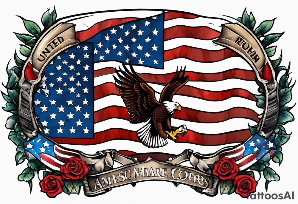 United States Marine Corps and American Flag arm sleeve with soldiers memorial tattoo idea