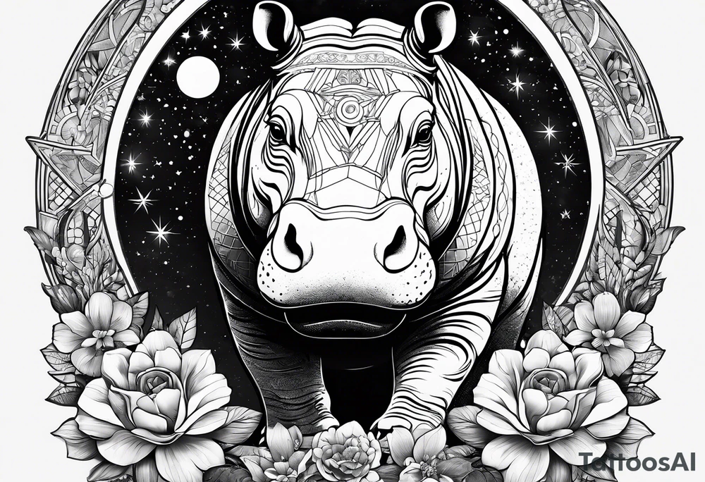 Hippo, flowers, moon, interstella, gothic,
Extreme fine lines, tribal, geometric, japanese, artistic tattoo idea