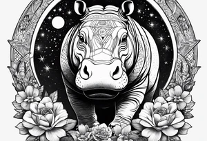 Hippo, flowers, moon, interstella, gothic, 
Extreme fine lines, tribal, geometric, japanese, artistic tattoo idea