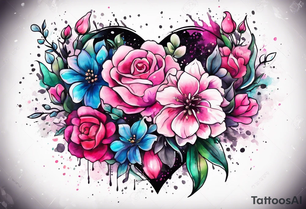 Flowers around a heart with pink splatter water color background tattoo idea