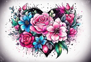 Flowers around a heart with pink splatter water color background tattoo idea