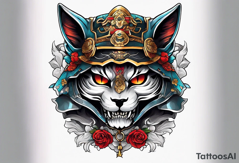 A cat skull in a samurai armor tattoo idea