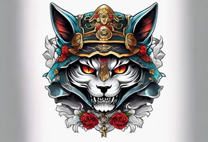 A cat skull in a samurai armor tattoo idea