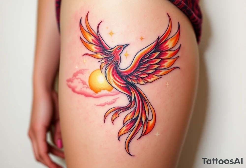 magnificent  phoenix rising from flames with trailing embers  and golden sunset and sky with puffy clouds and heaven backdrop pinks reds orange and yellows and golds with sparkles tattoo idea