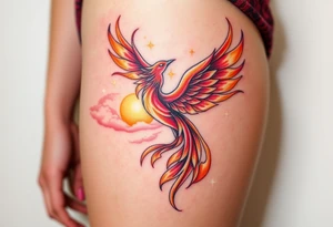 magnificent  phoenix rising from flames with trailing embers  and golden sunset and sky with puffy clouds and heaven backdrop pinks reds orange and yellows and golds with sparkles tattoo idea